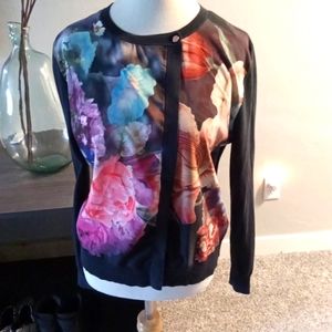 Ted Baker Floral Cardigan Sweater Deep Navy Blue size 3
